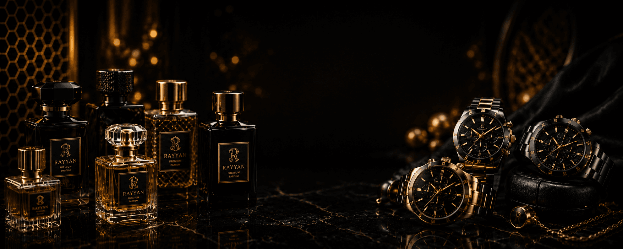 Rayyan perfume and gold watch on black silk